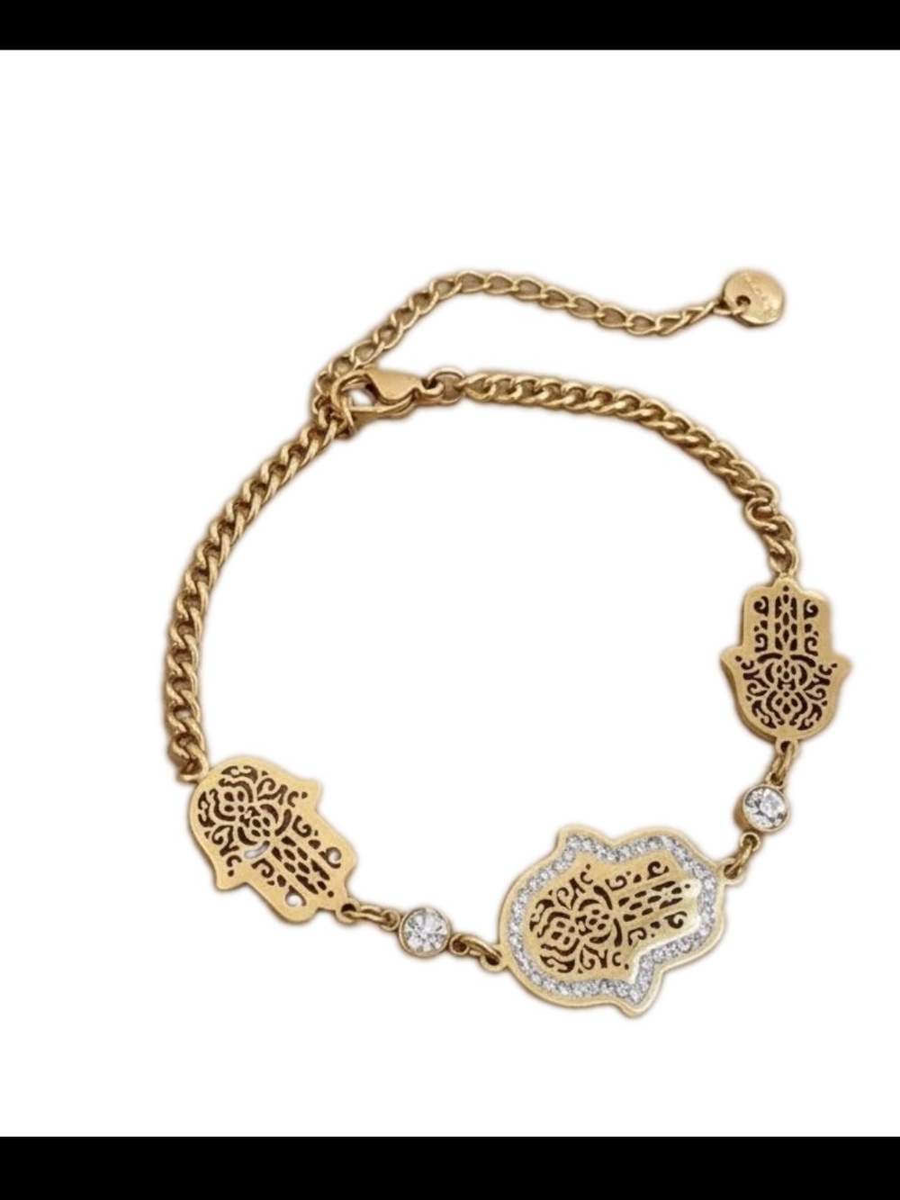 Gold Hamsa Charm Bracelet with Crystal Accents 17+5cm